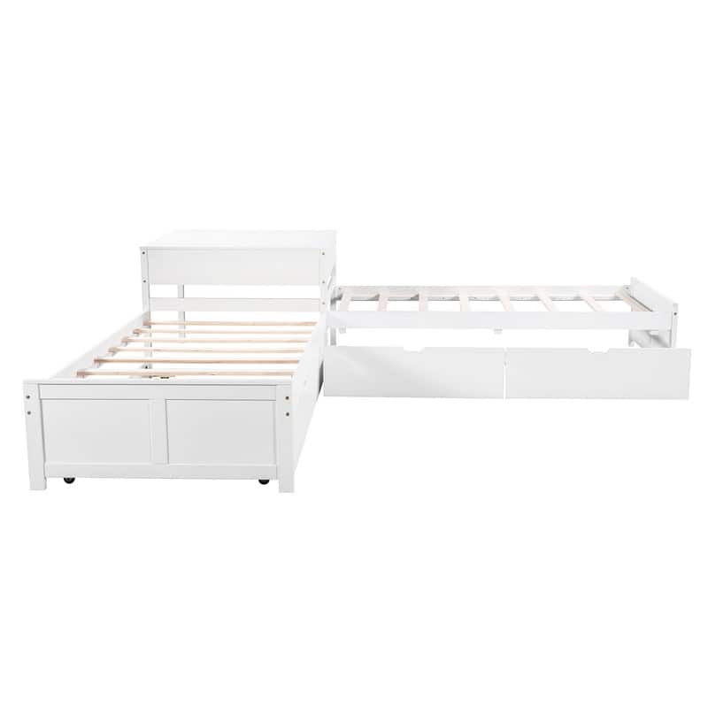 Twin Size L-Shaped Corner Platform Beds with Trundle and Drawers Linked with Built-in Desk