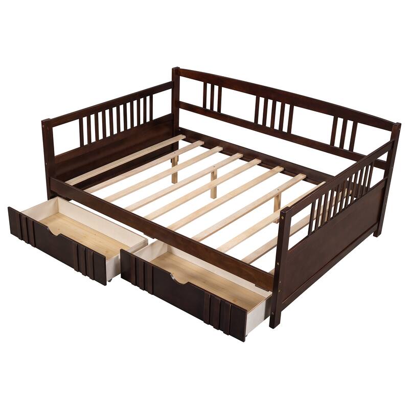 Daybed with Two Drawers, Solid Wood Frame, Guardrails, No Box Spring Needed
