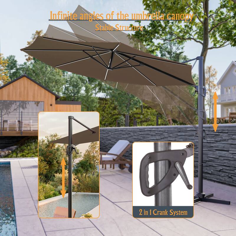 LIVOOSUN 10FT LED Round Cantilever Umbrella For Your Outdoor Space, Solution-Dyed Fabric, 360° Rotation System