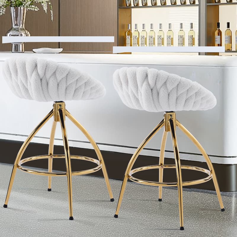 Set of 2 White Teddy Velvet Swivel Bar Stools with Cushioned Seat for Kitchen or Dining Room - 20.28" x 20.28" x 35.83"