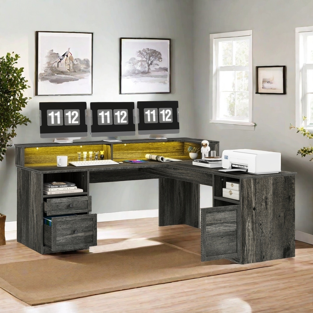 Moasis 59" L-Shaped Desk with Power Outlets and LED Lights Office Desk with 2-Drawers Cabinet