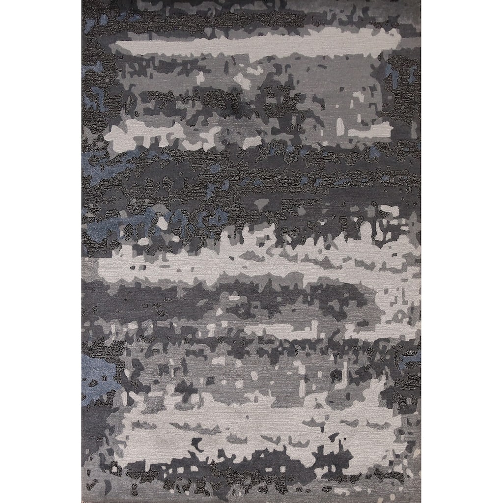 Abstract Modern Indian Area Rug Grey Handmade Wool Carpet - 5'3" x 7'7"
