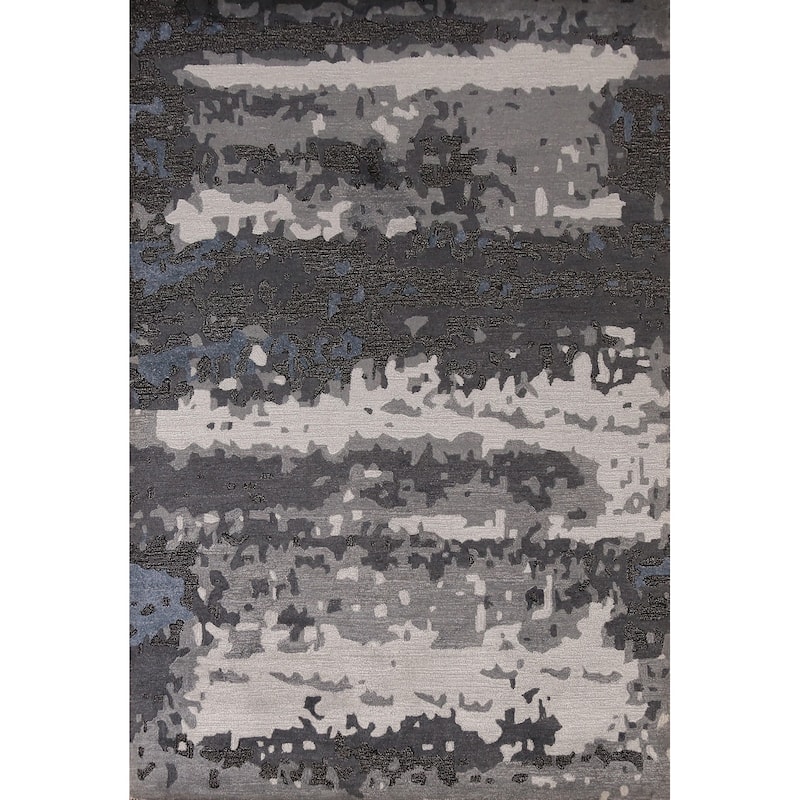 Abstract Modern Indian Area Rug Grey Handmade Wool Carpet - 5'3" x 7'7"