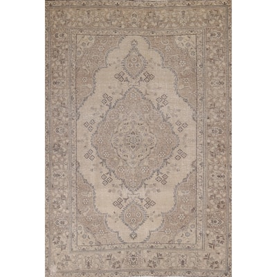 Distressed Tabriz Vintage Persian Area Rug Handmade Beige Wool Carpet - 6'9" x 9'6"