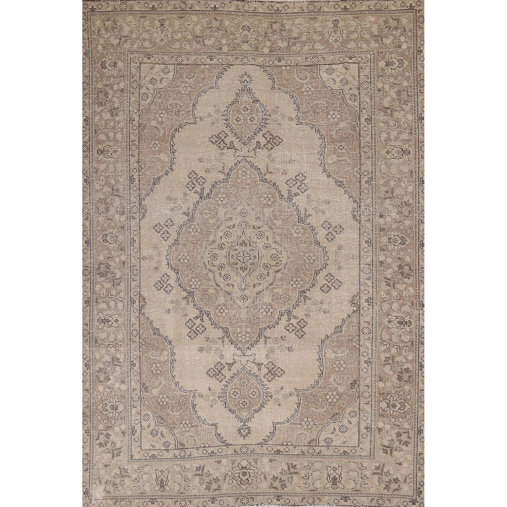 Distressed Tabriz Vintage Persian Area Rug Handmade Beige Wool Carpet - 6'9" x 9'6"