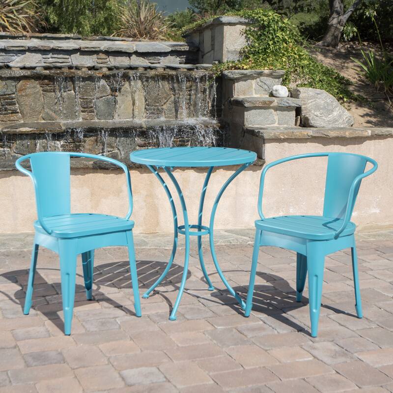 Modern 3-Piece Powder-Coated Iron Bistro Set with Round Slatted Table and Stackable Armchairs for Compact Outdoor Spaces