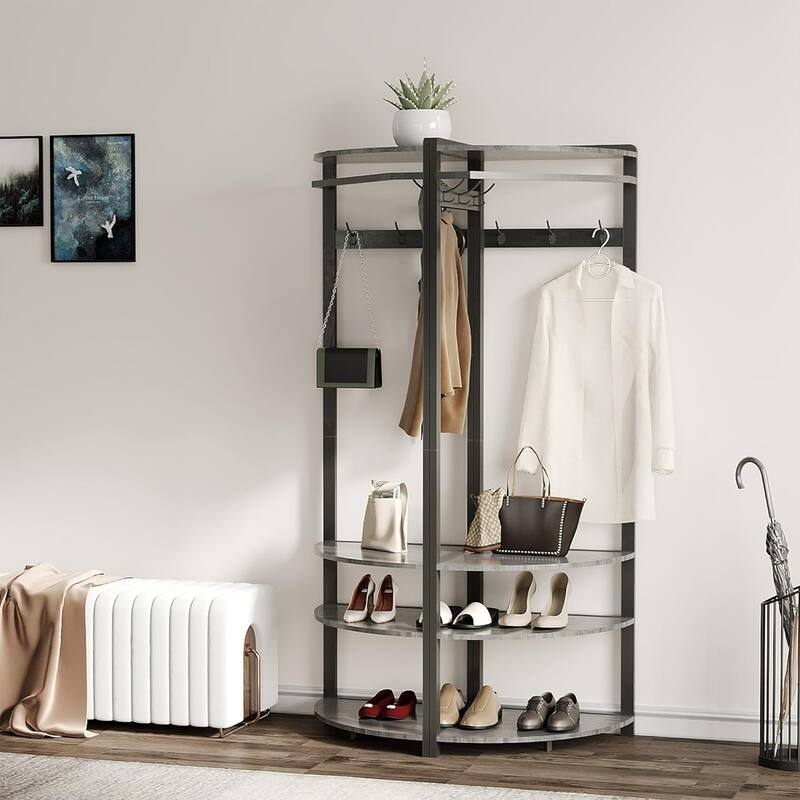 Coat Rack Stand Corner Hall Tree With Shoe Bench 6 Hooks and Storage Shelf