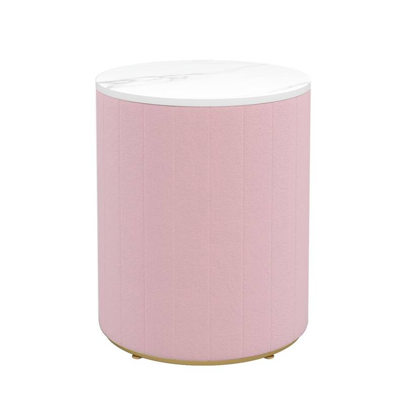 Upholstered Nightstand with 3 Drawers, Round Bedside Table with Metal Handles, Marbling Stickers Top Night Table for Bedroom