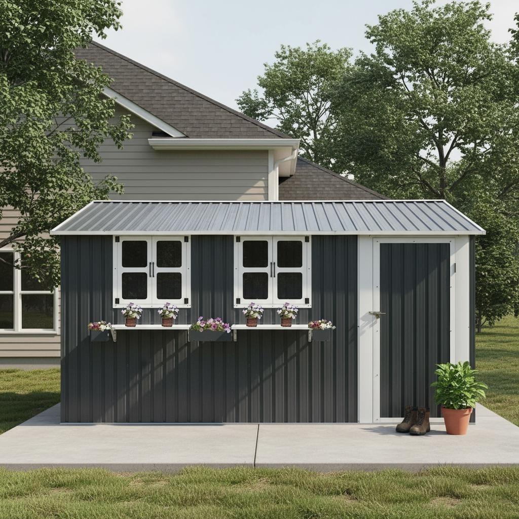12x10 FT Outdoor Metal Storage Shed with 3 Clear Windows & Decorative Flower Rack,Lockable Single Door Tool Shed