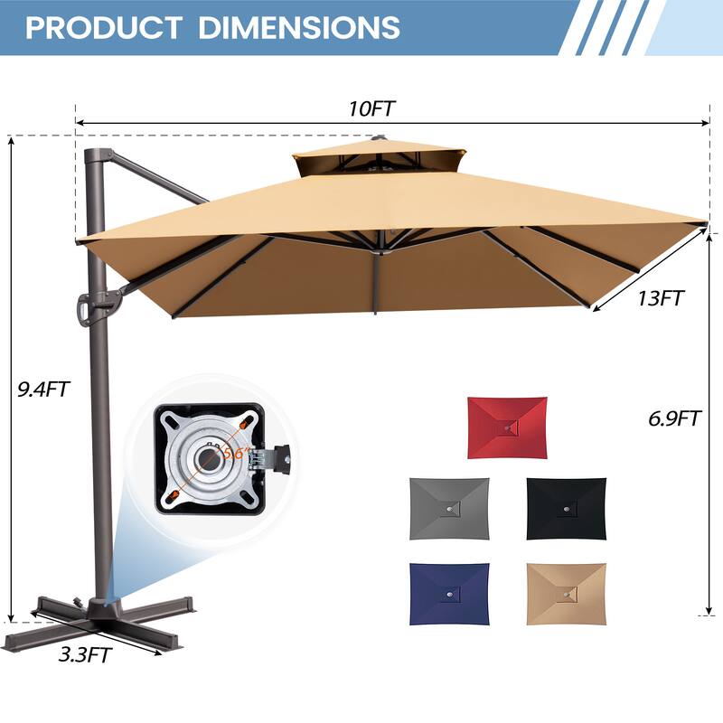 10 x 13 Feet Double Top Rectangular Patio Offset Cantilever Umbrella Aluminum with Crank