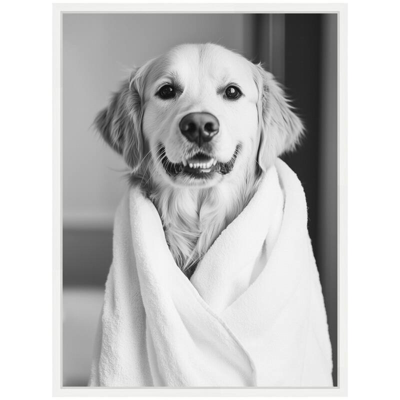 Kate and Laurel Sylvie Golden Retriever Bathroom Towel Robe Black and White Framed Canvas by The Creative Bunch Studio