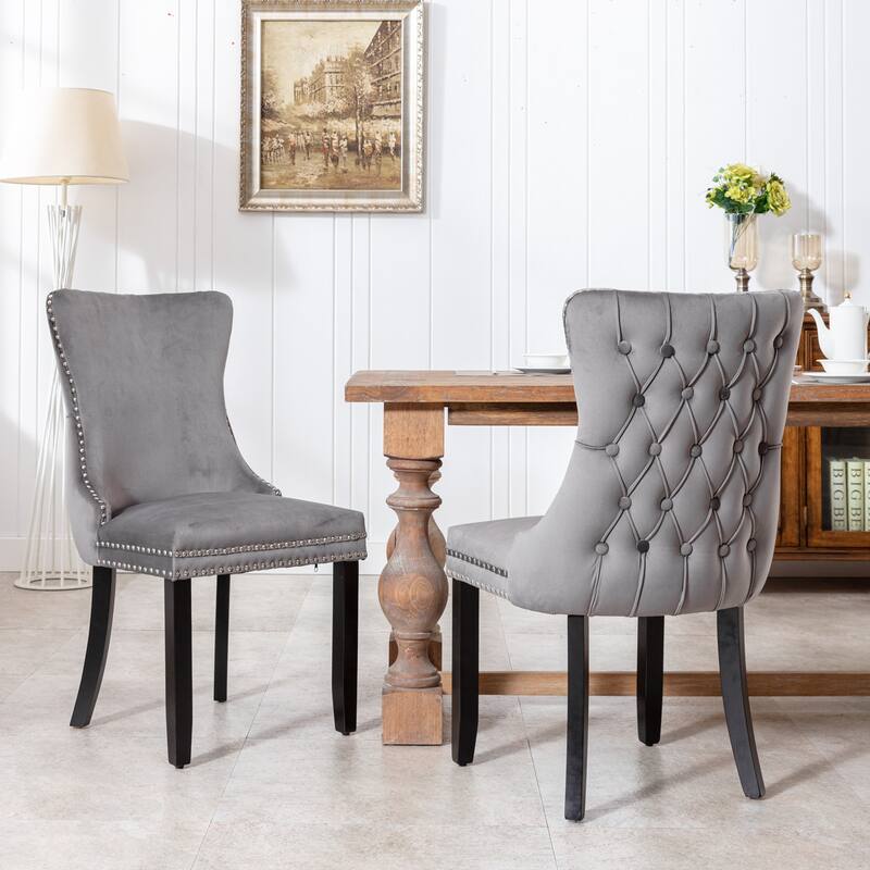 Roomfitters Velvet Dining Chairs Set of 2, Tufted Wing-Back Upholstered Accent Chairs with Nailhead Trim and Solid Wood Legs - Grey