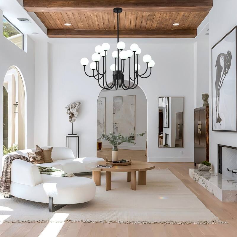 16 Lights Black Sputnik Chandelier 49in Modern Chandelier Mid Century Chandelier with Milk Glass Globe Shades - 36.61