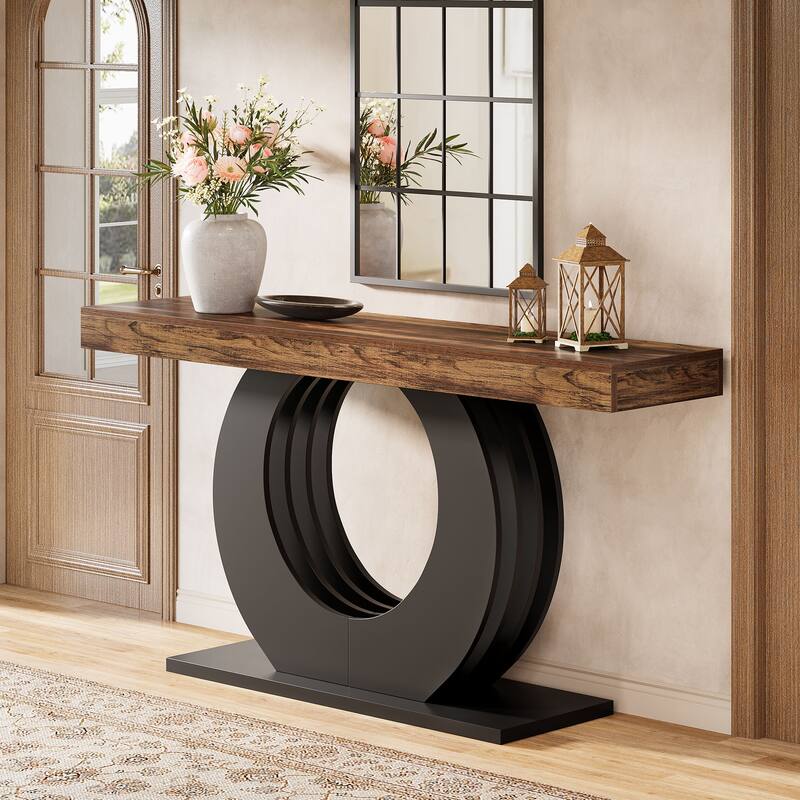 Industrial Sofa Console Table with Round Metal Base for Entryway - Brown+Black