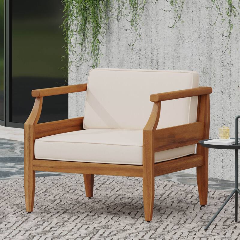 Roomfitters Outdoor Club Chair with Cream Cushions and Tapered Acacia Wood Frame, Weather-Resistant Seating