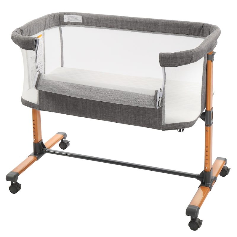 Grey 150D Encrypted Cationic Fabric Portable Baby Cradle with Iron Frame and Wheels - 92 x 55 x 85cm