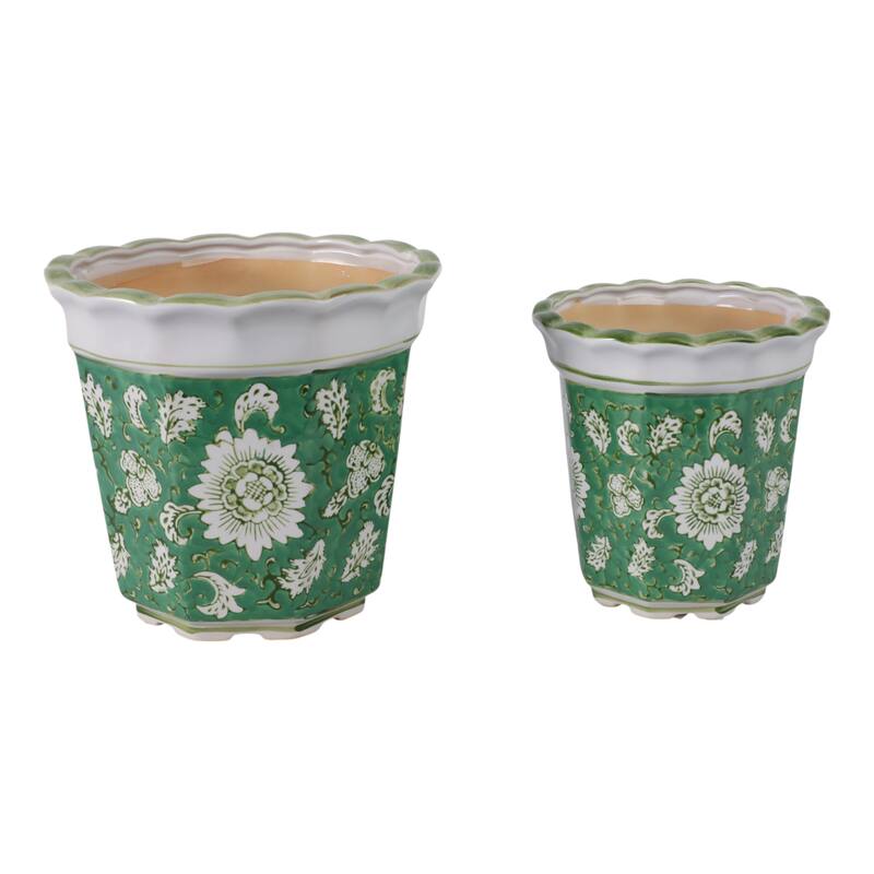 Ceramic Planters With Floral Embossing - Set of 2, Green