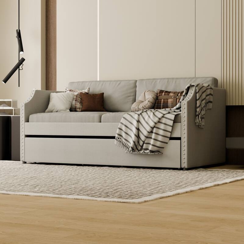 Modern Twin Size Upholstered Daybed with Trundle, Light Gray Fabric Sofa Bed with Plywood Slats and Nailhead Trim