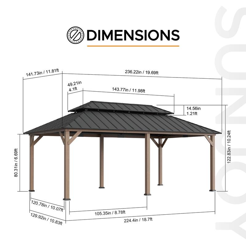 Sunjoy 12x20 ft. Wood Gazebo, Outdoor Patio Steel Hardtop Gazebo, Cedar Framed Wooden Gazebo with 2-tier Metal Roof