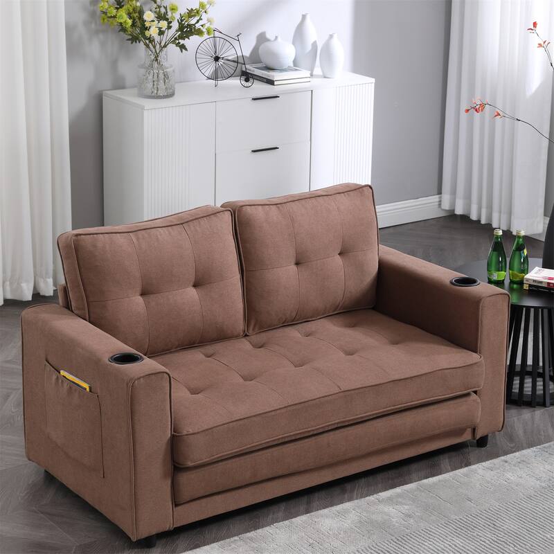 Upholstered Tufted Convertible Loveseat with Side Pockets - Brown