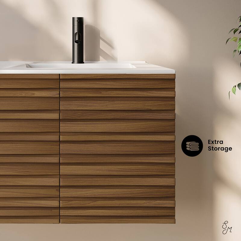Cascade 48" Wall-Mounted Bathroom Vanity In Brown Oak With Double Basin Sink Top - 48