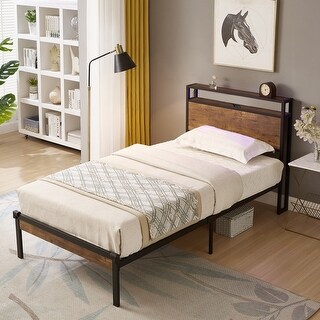 Twin Size Metal Platform Bed Frame with Wooden Headboard and Footboard , Includes USB Charging Ports
