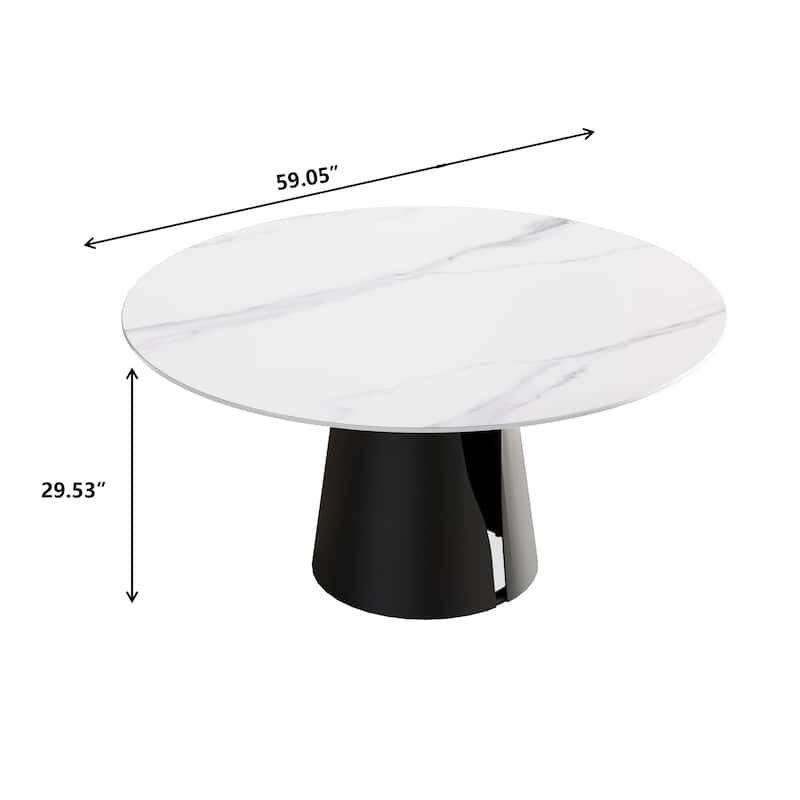 59" Round Slate Dining Table, White Marble Top with Black Metal Pedestal