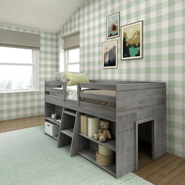 slide 2 of 32, Max and Lily Farmhouse Twin Low Loft Bed with 2 Bookcases Driftwood