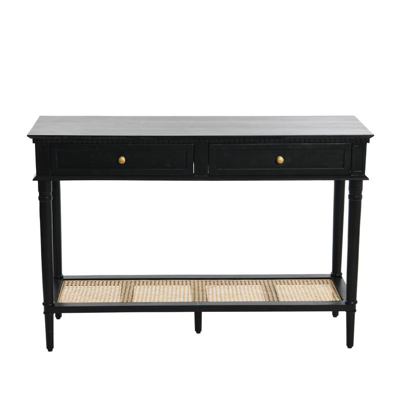 Acacia Wood Console Table with Cane Shelf