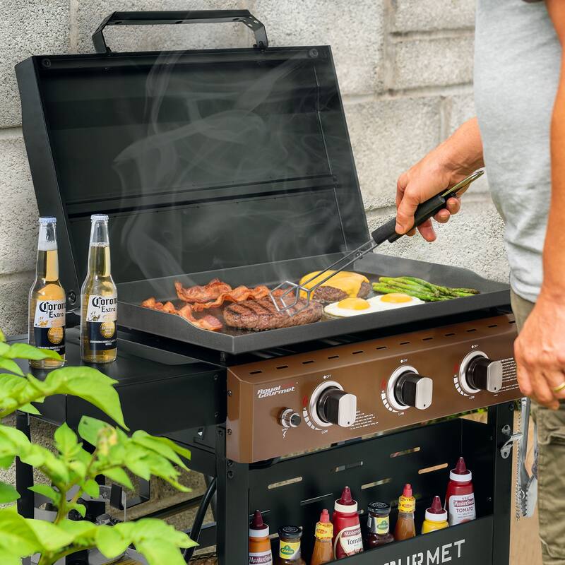 Royal Gourmet 3-Burner Gas Griddle with Hood and Side Shelves
