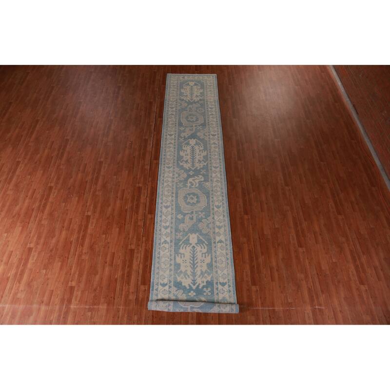 Hand Knotted Oriental 100% Wool Carpet Transitional Geometric Navy Blue & Blues Oushak Runner Rug - 18' 10'' X 3' 5''