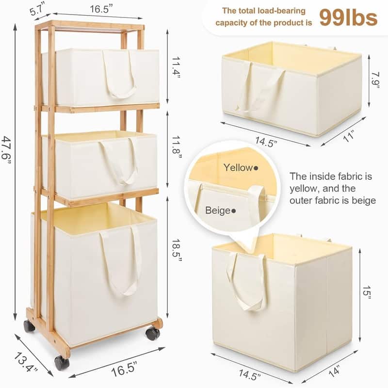 Laundry Basket 3 Tier Bamboo Storage Shelf - ‎16.54 x 13.4 x 47.64