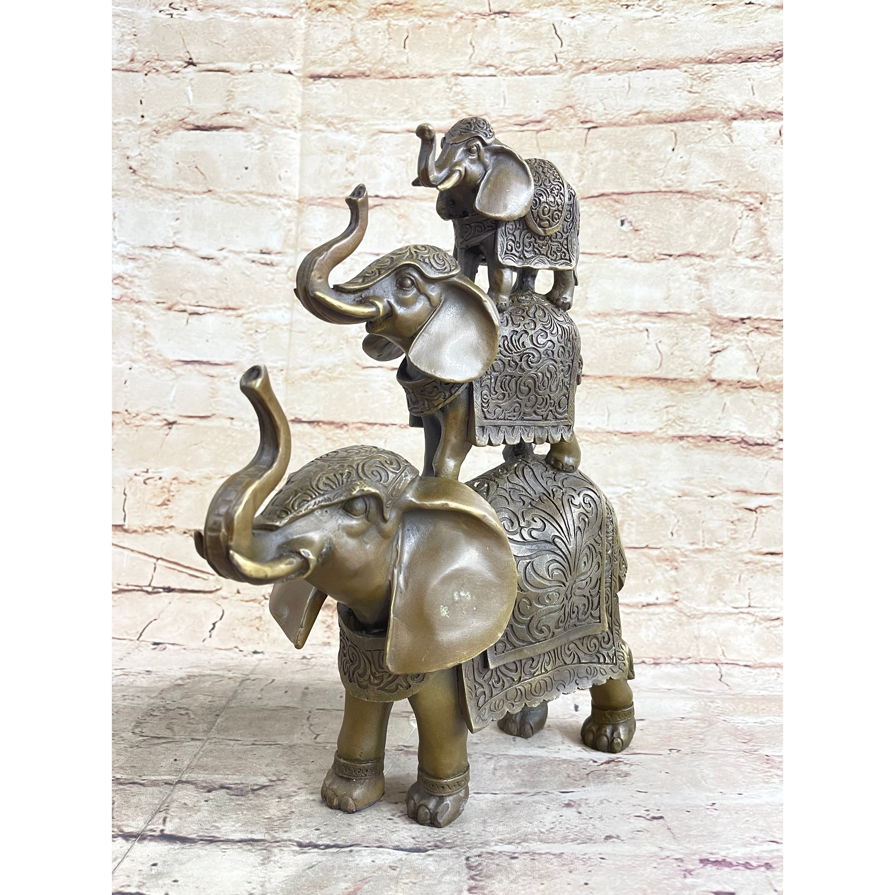 Stacked 3 Lucky Elephants Bronze Metal Statue Sculpture Figurine 12 Inches X 12 Inches