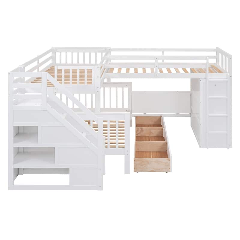 Twin-Twin over Full L-Shaped Bunk Bed With 3 Drawers, and Portable Desk and Wardrobe