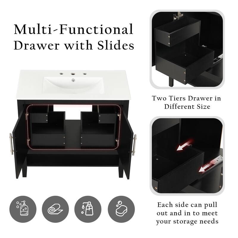 Stylish Bathroom Vanity Cabinet with Built-in 2 Drawers and Open Shelf