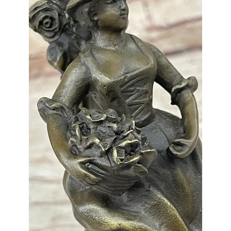Young Woman Holding A Basket Of Flowers - Bronze Metal Candle Holder Candelabra Sculpture