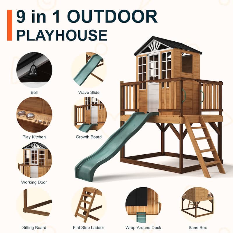 9-in-1 Wooden Playhouse with Slide & Sandbox