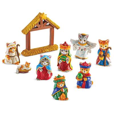 Hand-Painted 9-Piece Cat Christmas Nativity Scene Set - 14.500 x 8.000 x 3.500