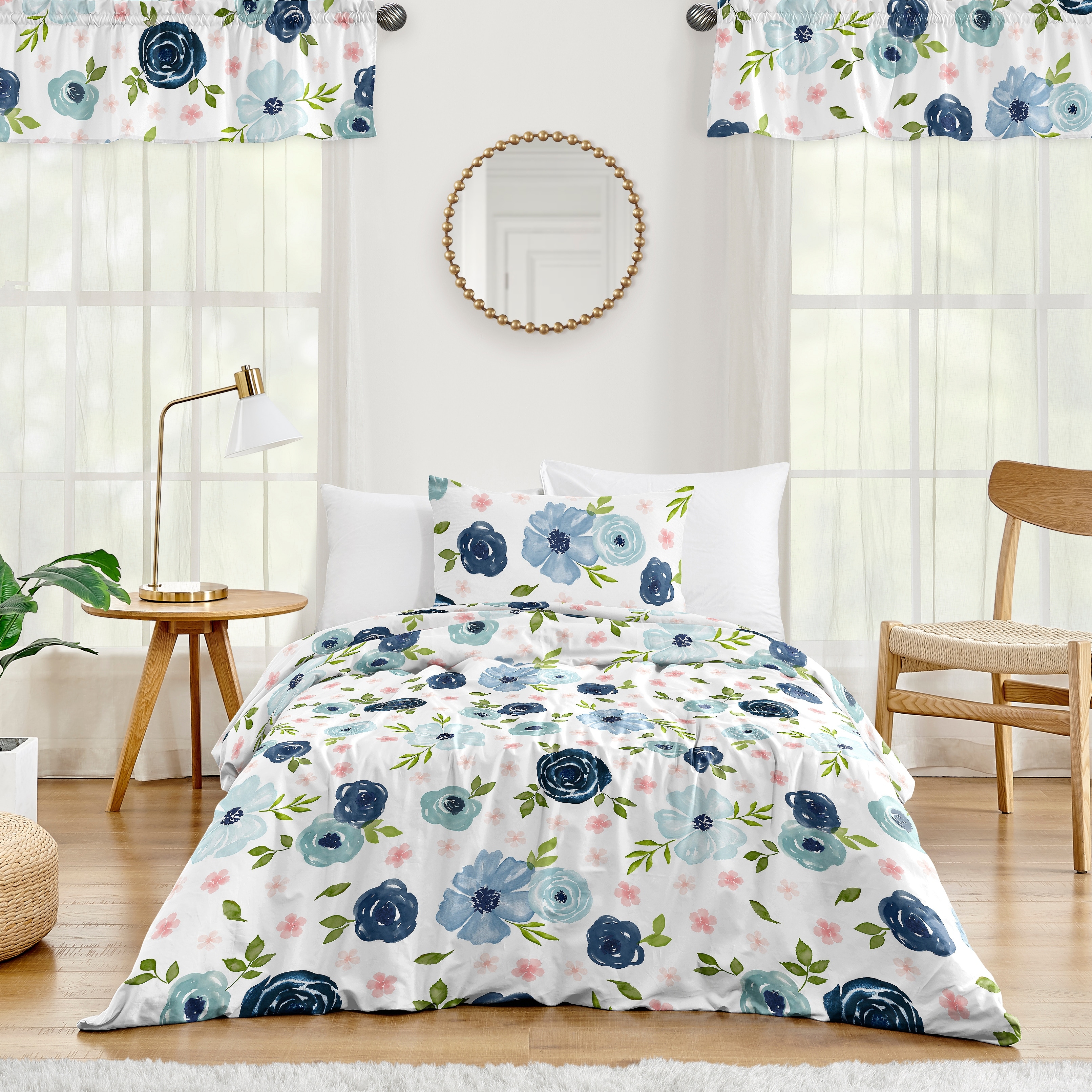 Blue Watercolor Floral Girl 2pc Twin-size Comforter Set - Navy Gray White Shabby Chic Rose Flower Grey Farmhouse Elegant