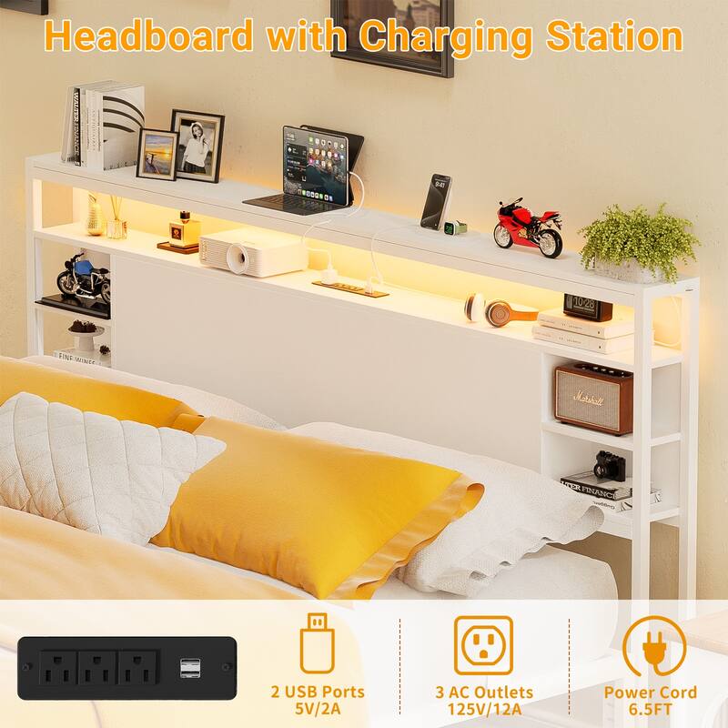 Bed Frame with Charging Station and RGB LED Lights, Sturdy Platform Bed with Storage Headboard,