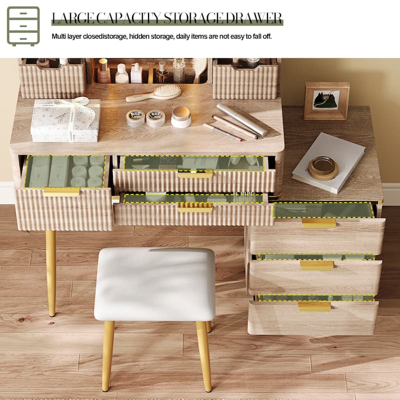 7-Drawer Vanity Desk with LED Mirror & Carved Details, Fluted Makeup Table with Metal Legs and PU Stool