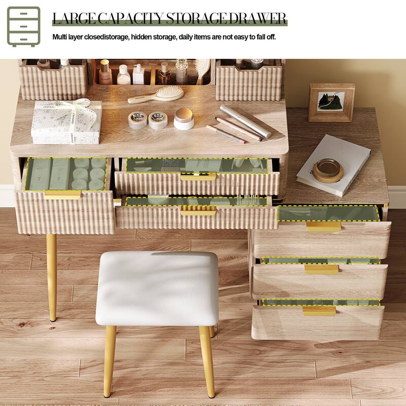 Fluted Makeup Table Vanity Set with LED Mirror, Metal Legs &Jewelry Storage, Carved Dressing Table & PU Stool Set