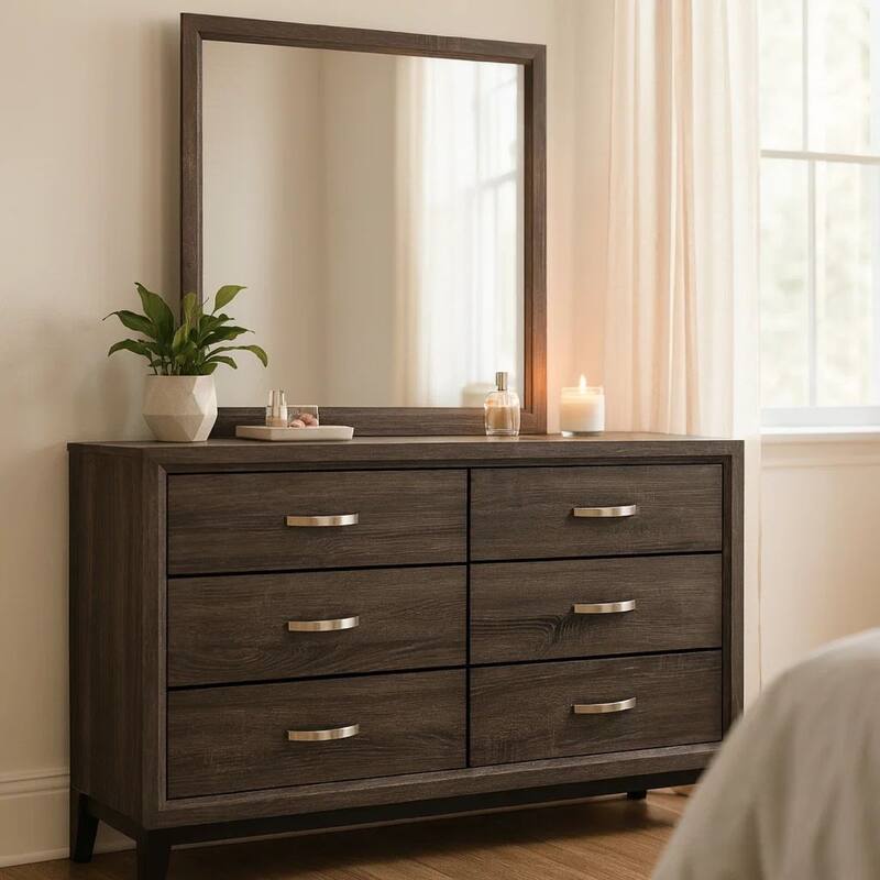 Mela 2pc Wide Dresser and Mirror Set, 6 Drawers, Gray Oak Wood