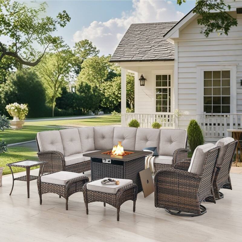 Gymojoy L-Shaped Outdoor Sectional Sofa Set with Fire Pit, Swivel Chairs & Ottomans - Beige - 7-Piece