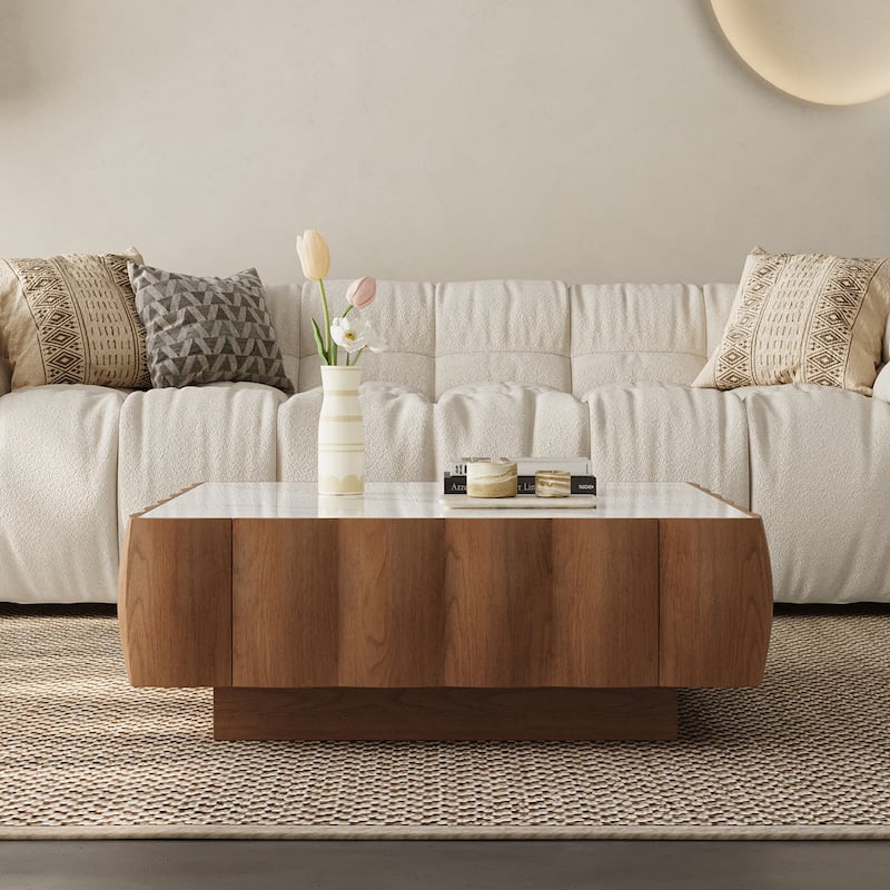 36" Mid-Century Modern Coffee Table - Curved Edge Sintered Stone & Solid Wood Veneer Frame with Hidden Storage Drawer