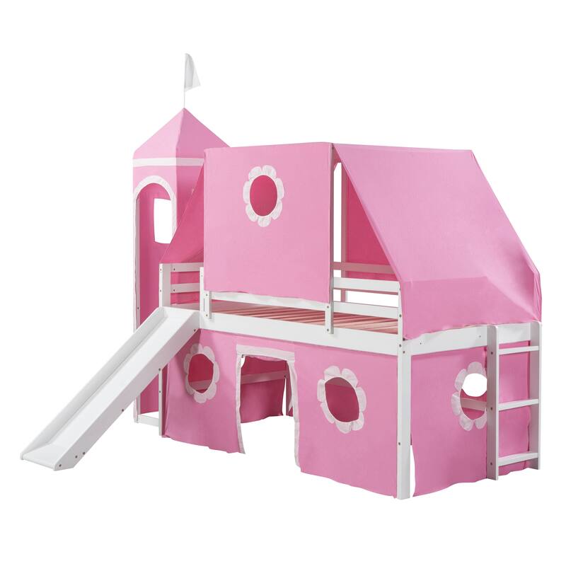 Cute Wood House Loft Bed with Slide & Tent