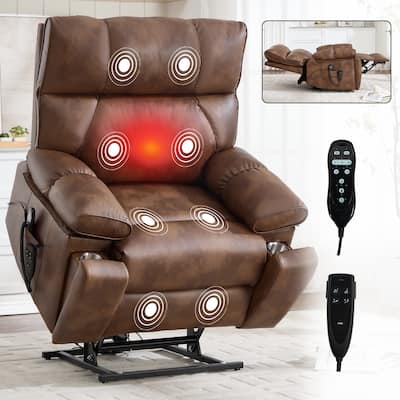 Leatheraire Heat Massage Dual Motor Infinite Position Up to 350 LBS Large Electric Power Lift Recliners with Hidden Cup Holders