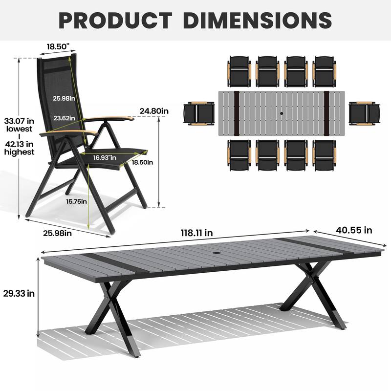 11-Piece Set Outdoor Aluminum Dining Table with Umbrella Hole and Foldable Chairs
