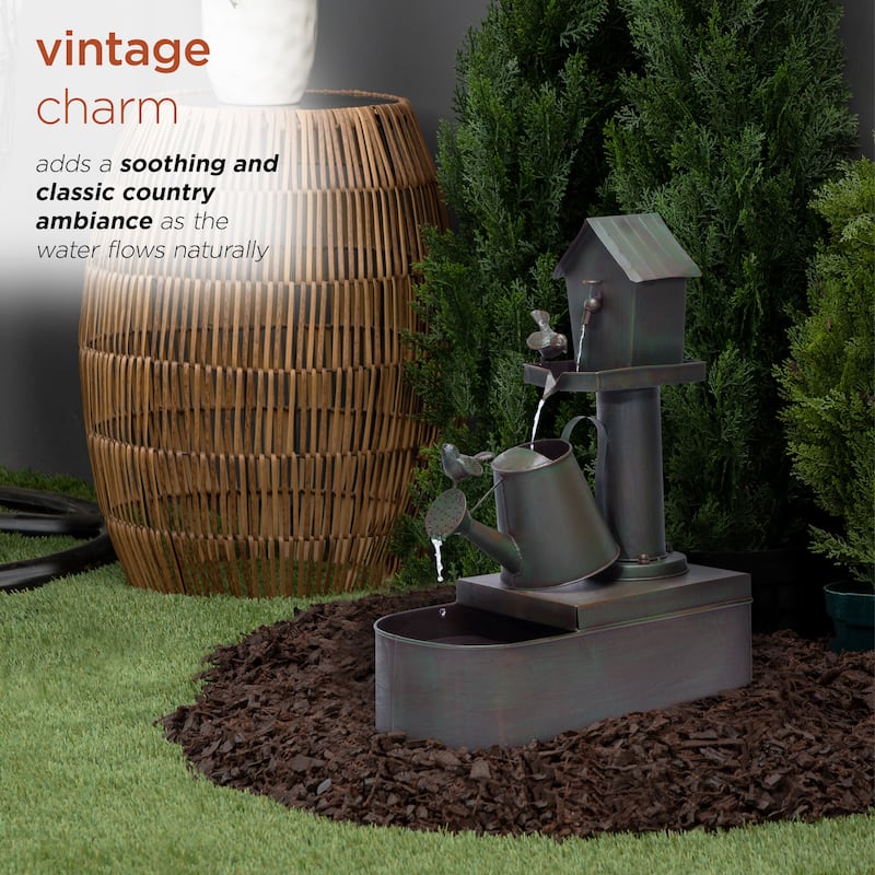 Alpine Corporation 24" Tall Indoor/Outdoor Birdhouse and Watering Can Floor Water Fountain