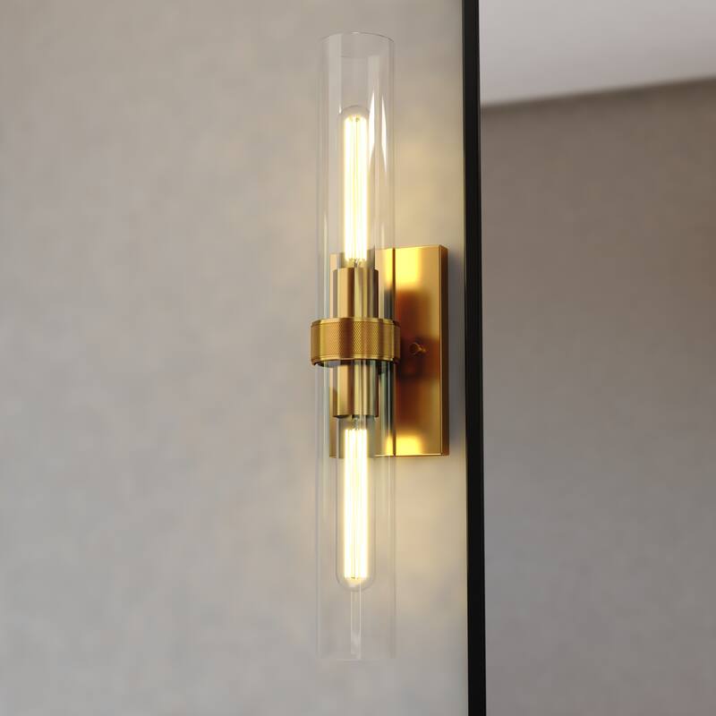 VAXCEL Bari Wall Sconce, Clear Glass Shade, Dimmable Bathroom Vanity Light Fixture, Vertical or Horizontal Mount - Satin Brass - 4.5-in W x 21.5-in H x 4.5-in D